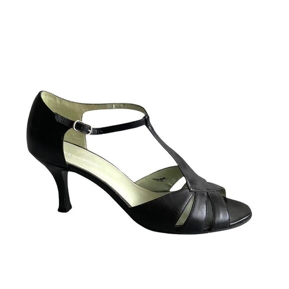𝅺NATURALIZER Parfait Black Leather Ankle T-Strap Heels Sandals Shoes Peep Toe 7 - Picture 1 of 9